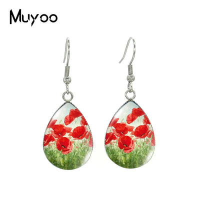 Poppies Flower Tear Drop Earrings