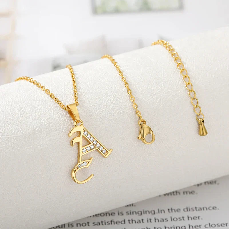 Old English Initial Necklace – Stainless Steel & Zircon by ZEB Jewelry – view 11