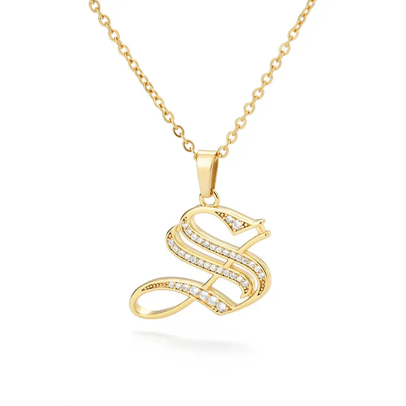Old English Initial Necklace – Stainless Steel & Zircon by ZEB Jewelry – view 42
