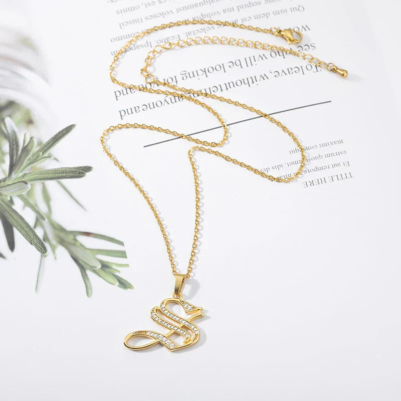 Old English Initial Necklace – Stainless Steel & Zircon by ZEB Jewelry – view 24