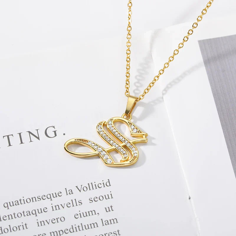 Old English Initial Necklace – Stainless Steel & Zircon by ZEB Jewelry – view 18