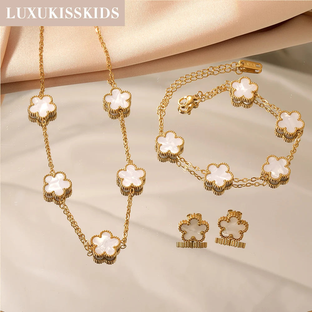 White Shell Clover Jewelry Set – Stainless Steel by ZEB Jewelry – view 10