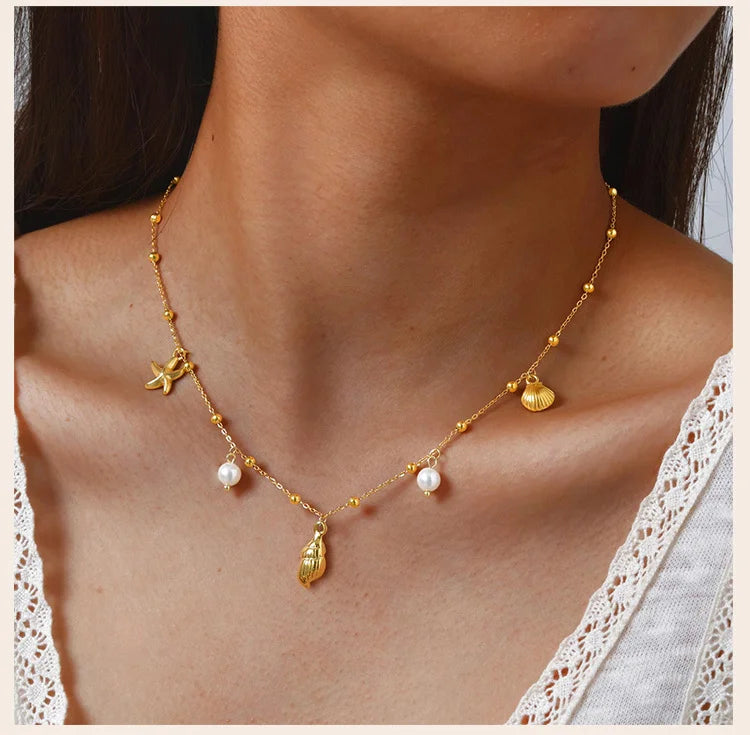 Pearl Shell & Starfish Charm Necklace – 18K Gold-Plated by ZEB Jewelry – view 6