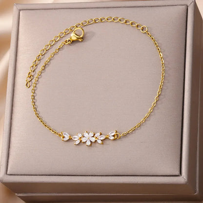 White Zircon Flower Bracelet – Stainless Steel by ZEB Jewelry – view 1