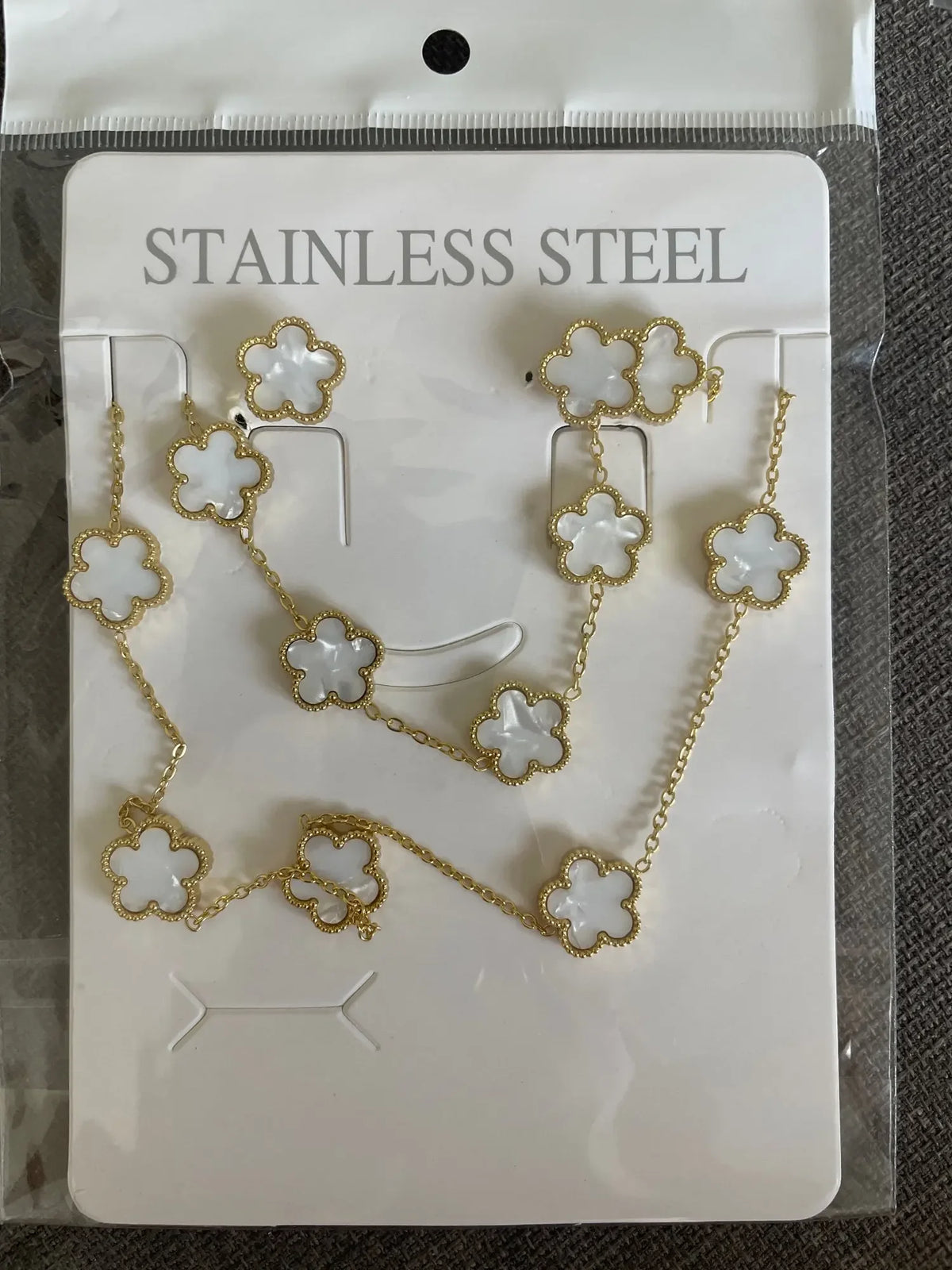 White Shell Clover Jewelry Set – Stainless Steel by ZEB Jewelry – view 4