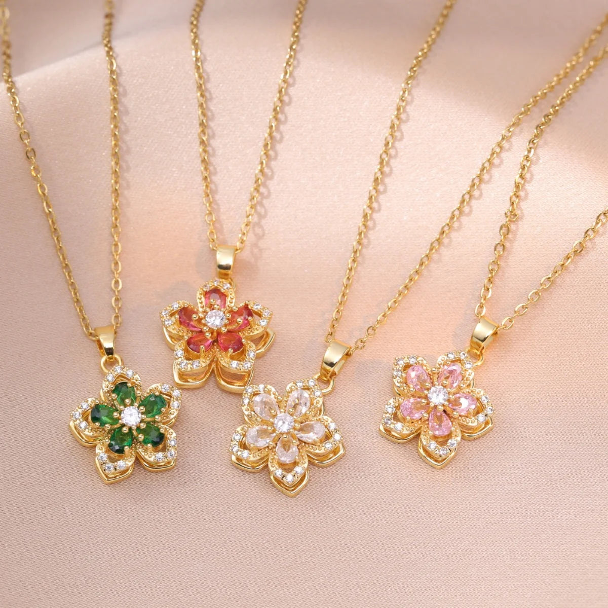 Rotating Zircon Flower Necklace – Stainless Steel by ZEB Jewelry – view 3