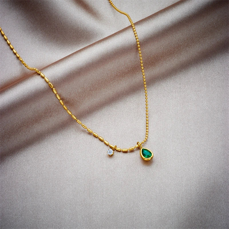 Green Waterdrop Pendant Necklace – Stainless Steel by ZEB Jewelry – view 7