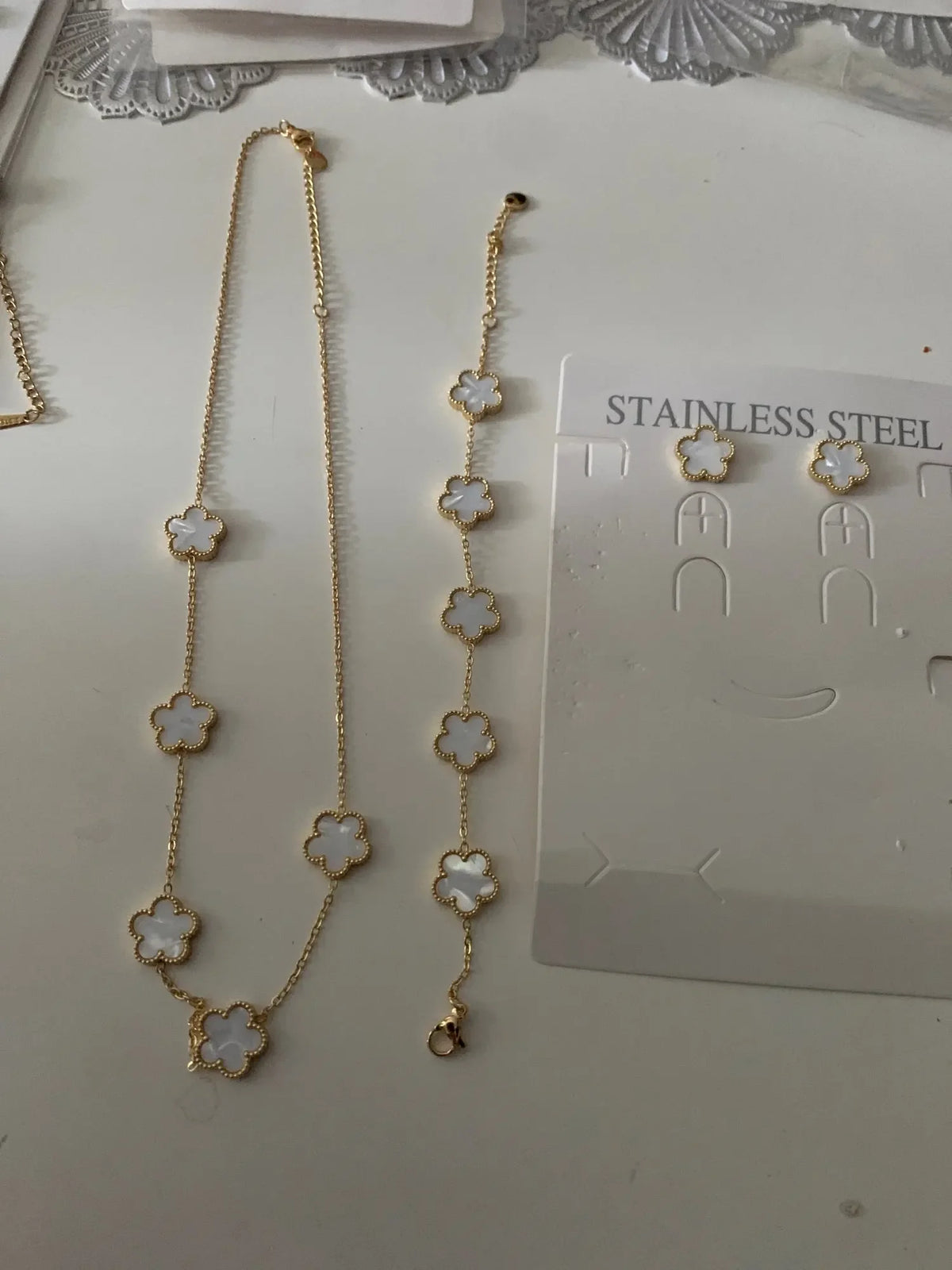 White Shell Clover Jewelry Set – Stainless Steel by ZEB Jewelry – view 8