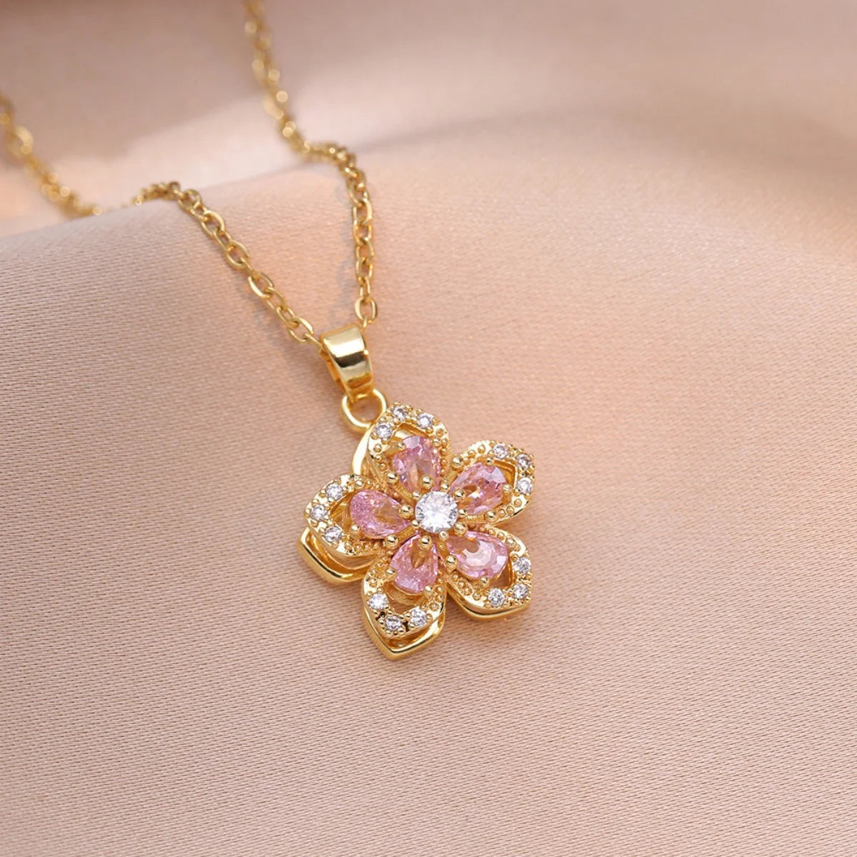 Rotating Zircon Flower Necklace – Stainless Steel by ZEB Jewelry – view 1