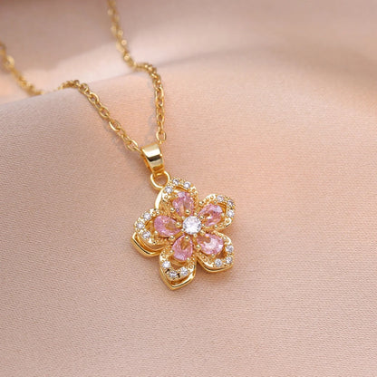 Rotating Zircon Flower Necklace – Stainless Steel by ZEB Jewelry – view 1
