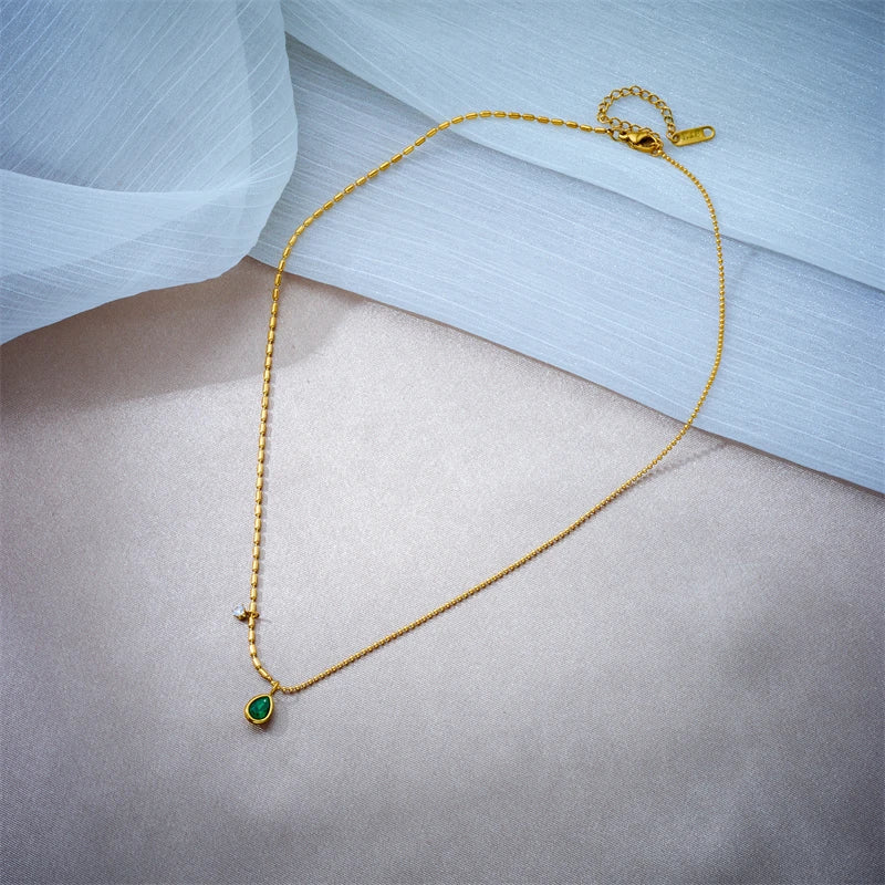 Green Waterdrop Pendant Necklace – Stainless Steel by ZEB Jewelry – view 4