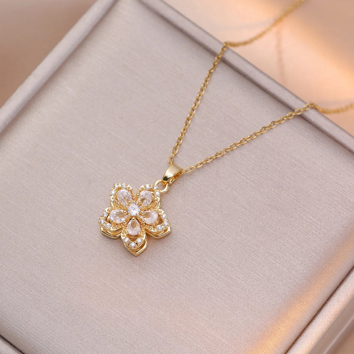 Rotating Zircon Flower Necklace – Stainless Steel by ZEB Jewelry – view 6