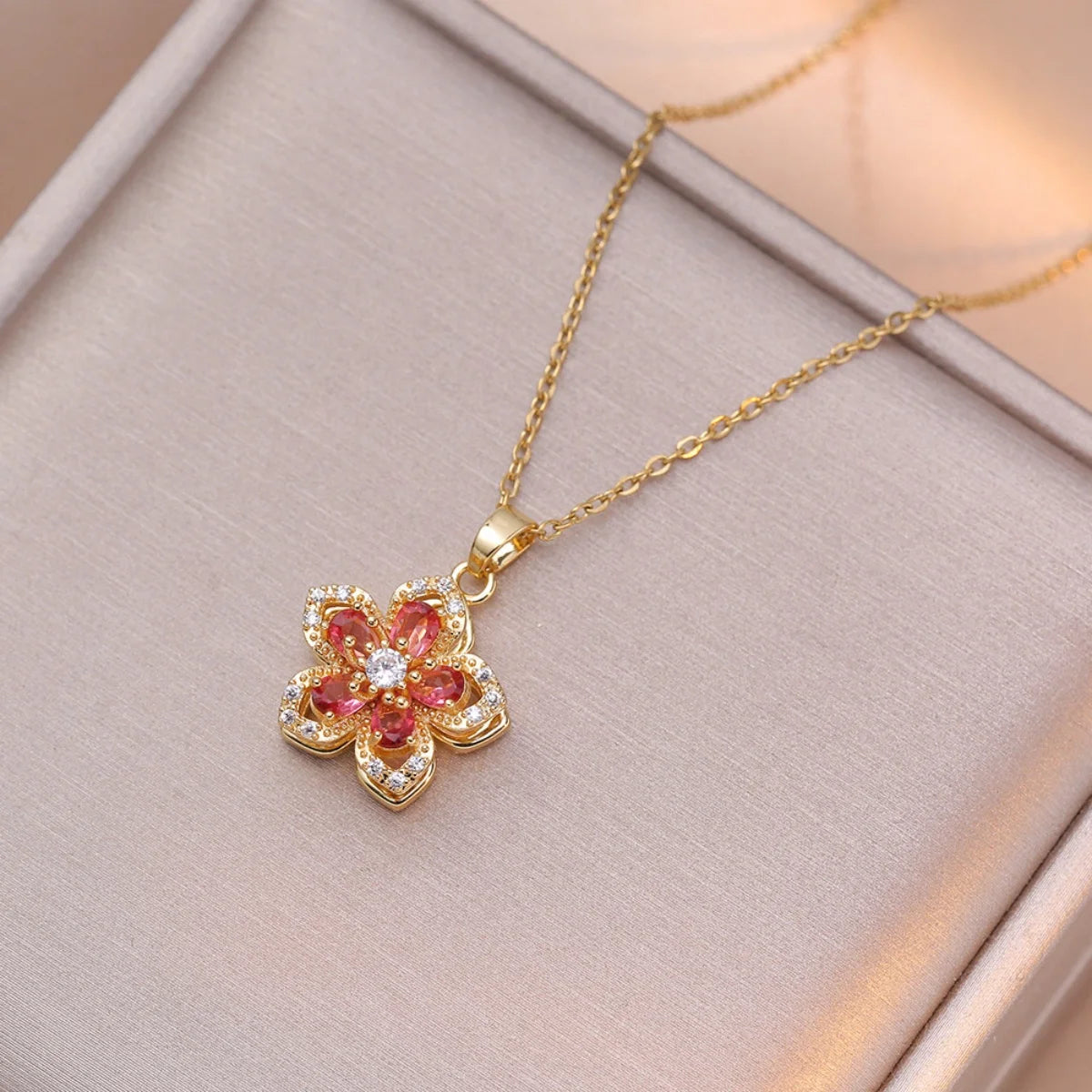 Rotating Zircon Flower Necklace – Stainless Steel by ZEB Jewelry – view 5