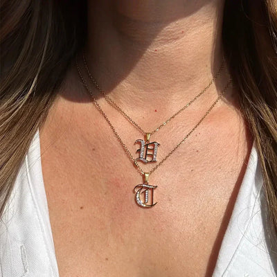 Gothic Zircon Old English Initial A-Z Letter Necklace