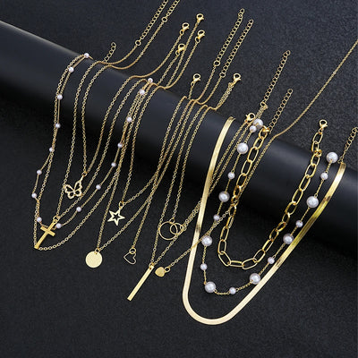 Pearl Choker Necklaces Set Layered Chain Star Cross