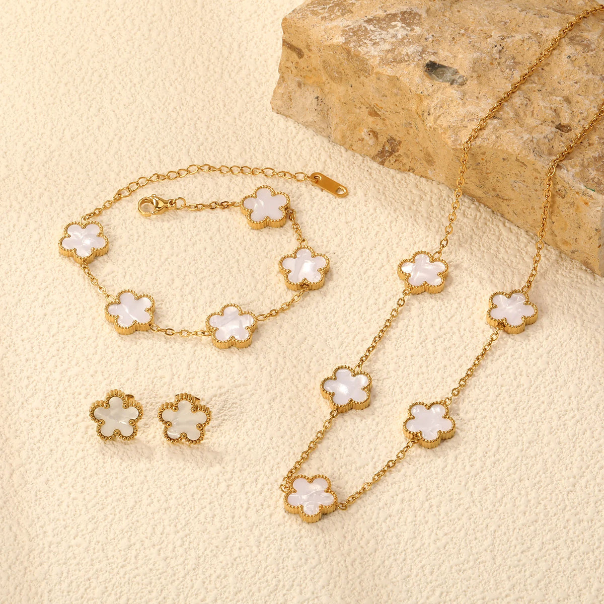 White Shell Clover Jewelry Set – Stainless Steel by ZEB Jewelry – view 1