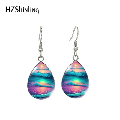 Ocean Wave Sunset Tear Drop Earrings