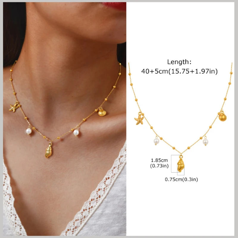 Pearl Shell & Starfish Charm Necklace – 18K Gold-Plated by ZEB Jewelry – view 15
