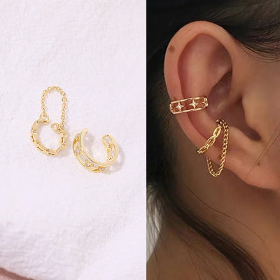 Zircon Star Chain Tassel Clip Earrings