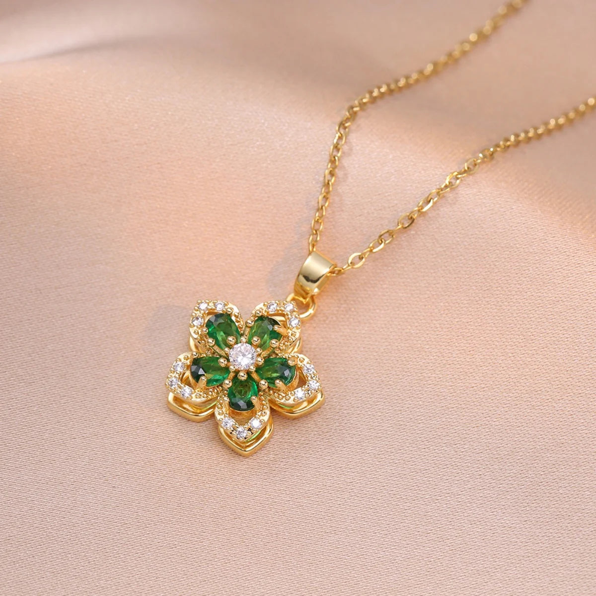 Rotating Zircon Flower Necklace – Stainless Steel by ZEB Jewelry – view 7