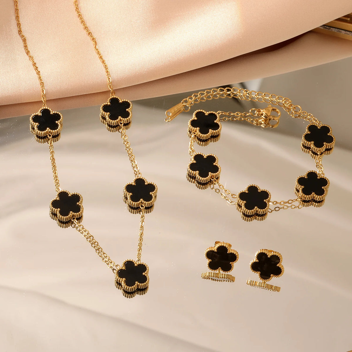 White Shell Clover Jewelry Set – Stainless Steel by ZEB Jewelry – view 2