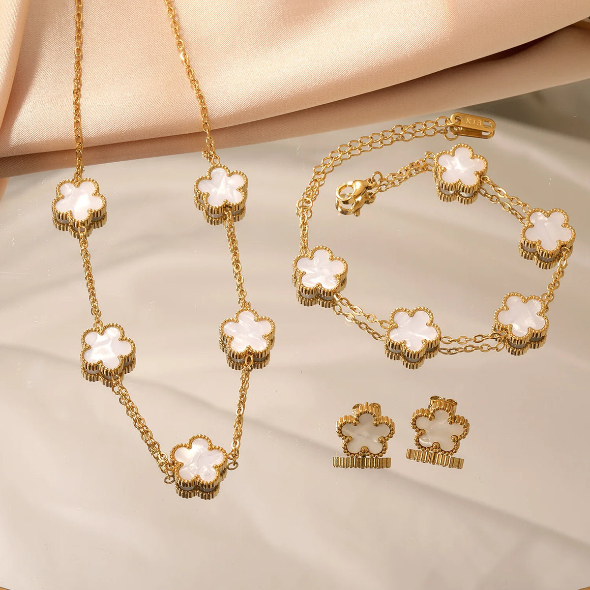 White Shell Clover Jewelry Set – Stainless Steel by ZEB Jewelry – view 5