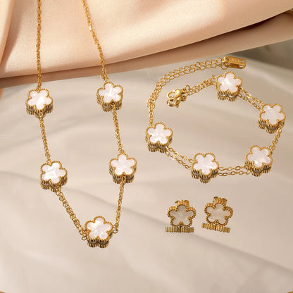 White Shell Clover Jewelry Set – Stainless Steel by ZEB Jewelry – view 5