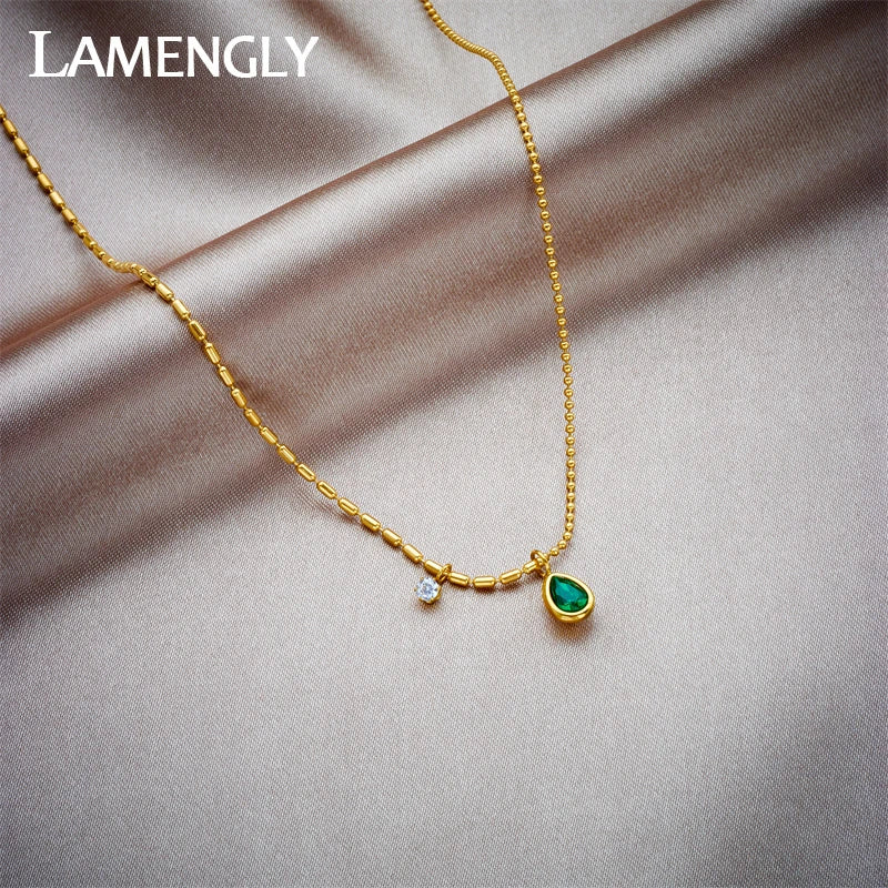 Green Waterdrop Pendant Necklace – Stainless Steel by ZEB Jewelry – view 1