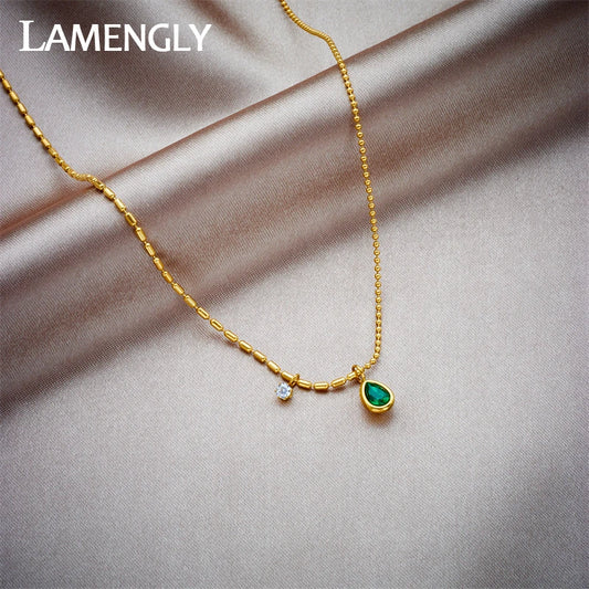Green Waterdrop Pendant Necklace – Stainless Steel by ZEB Jewelry – view 1