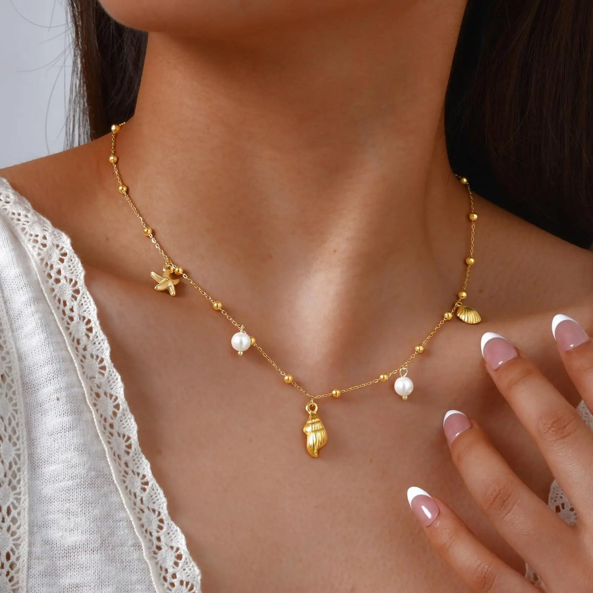 Pearl Shell & Starfish Charm Necklace – 18K Gold-Plated by ZEB Jewelry – view 1