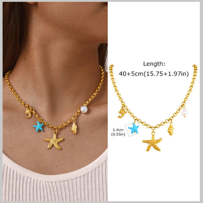 Pearl Shell & Starfish Charm Necklace – 18K Gold-Plated by ZEB Jewelry – view 14