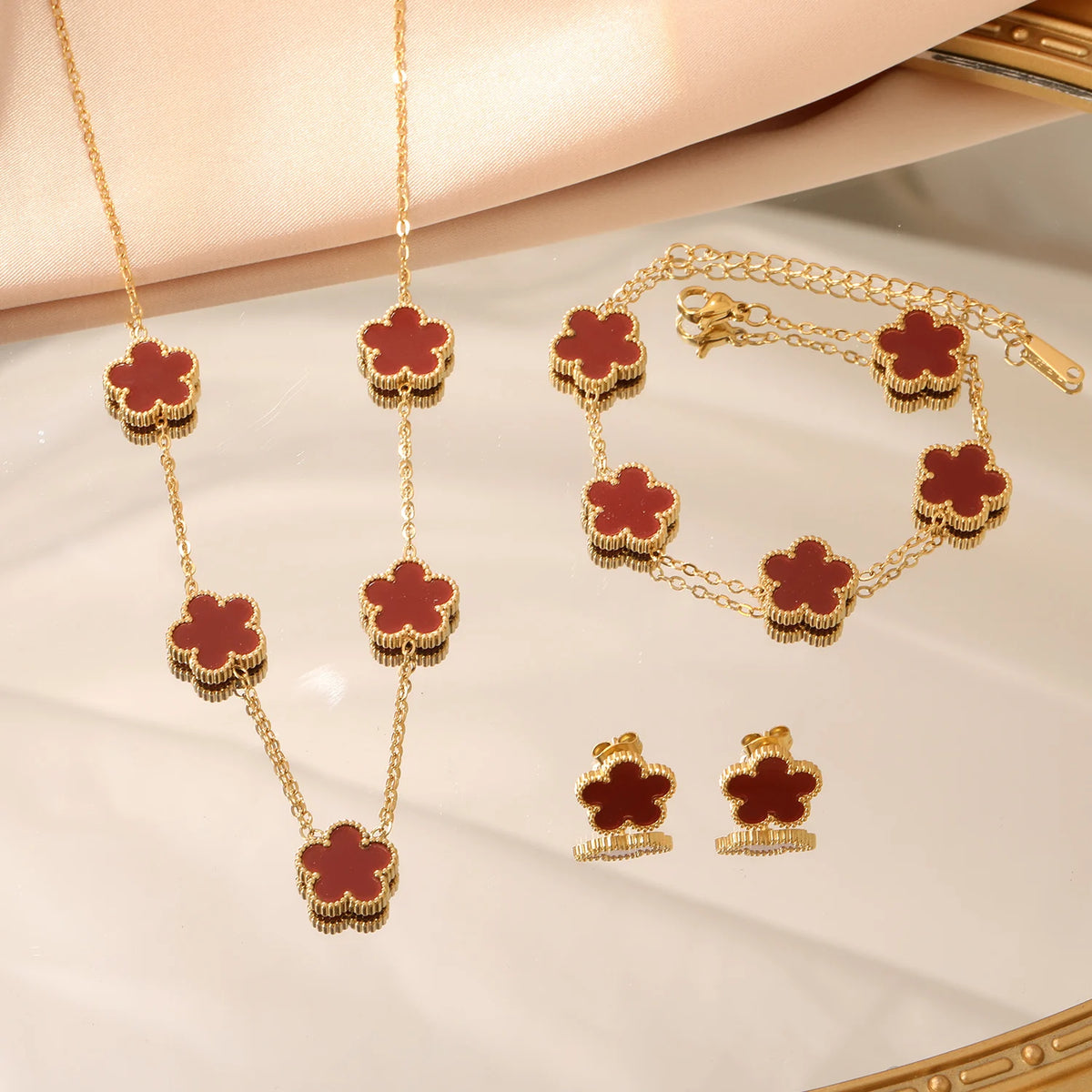 White Shell Clover Jewelry Set – Stainless Steel by ZEB Jewelry – view 3