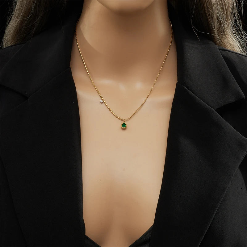 Green Waterdrop Pendant Necklace – Stainless Steel by ZEB Jewelry – view 3